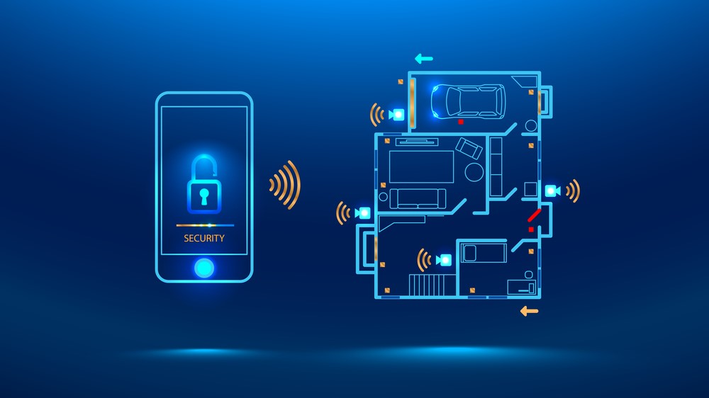 blue background with blueprint showing how a phone security network speaks to different areas around your home