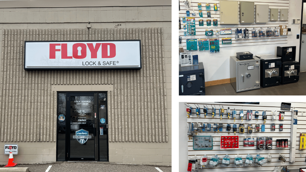 outside and inside of the lock shop with keys, safes and locks